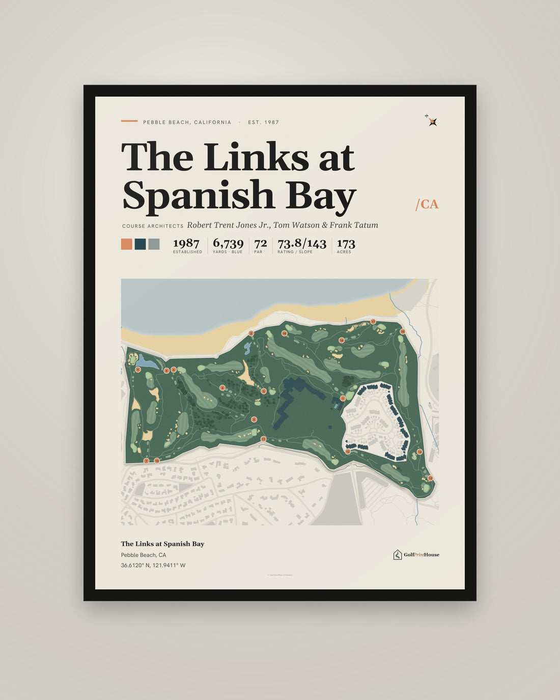 The Links at Spanish Bay golf course print, framed, on a plain wall