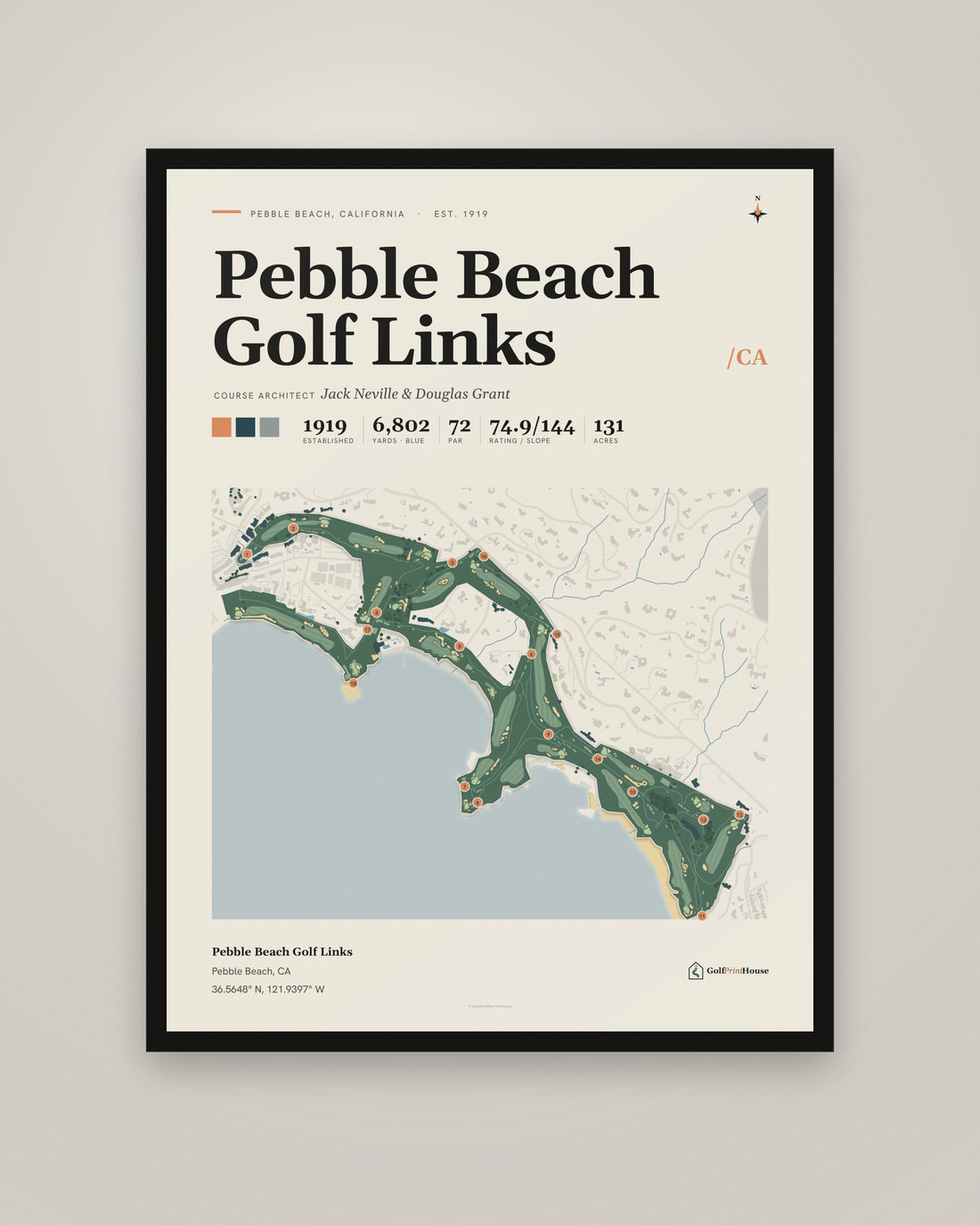 Pebble Beach Golf Links golf course print, framed, on a plain wall