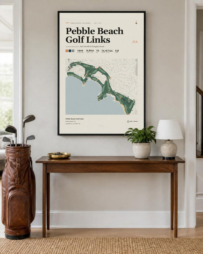 Pebble Beach Golf Links golf course print, in an entryway