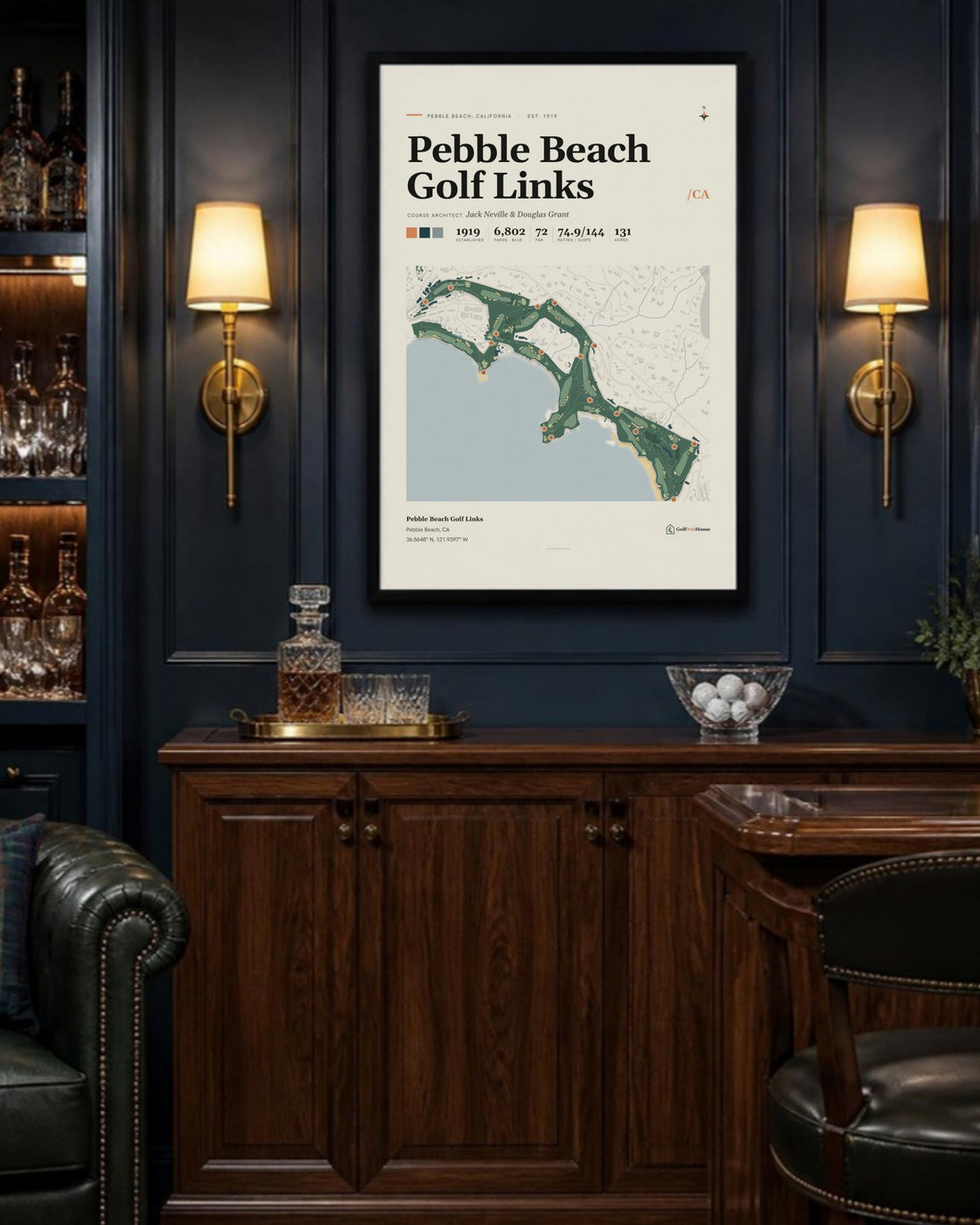 Pebble Beach Golf Links golf course print, above a home bar
