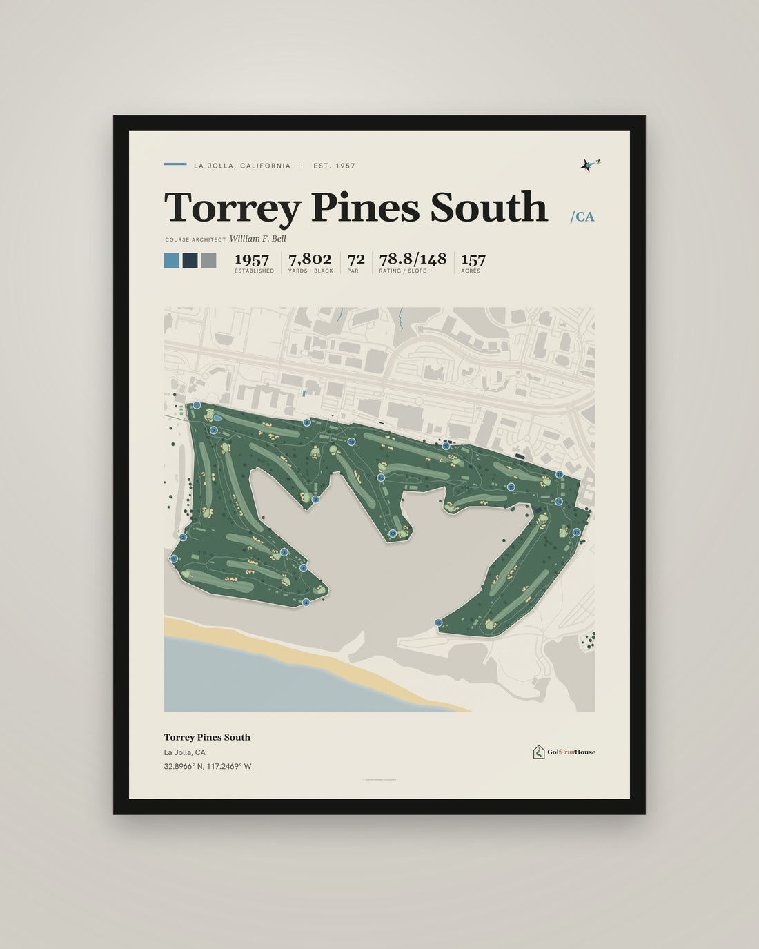 Torrey Pines South golf course print, framed, on a plain wall