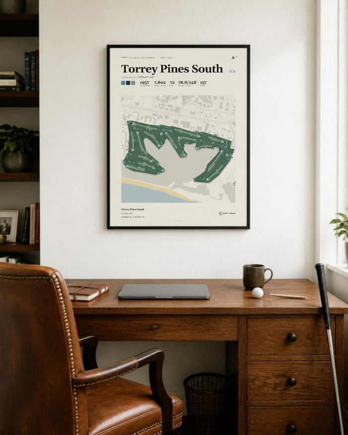 Torrey Pines South golf course print, in a home office