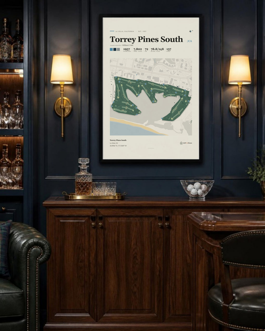 Torrey Pines South golf course print, above a home bar