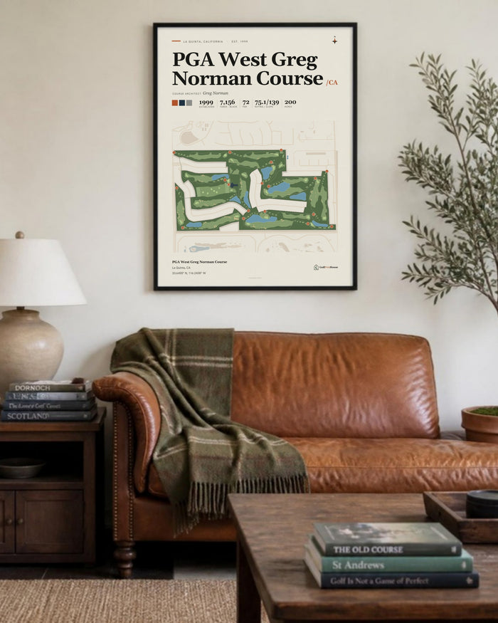 PGA West Greg Norman Course golf course print, above a living room sofa