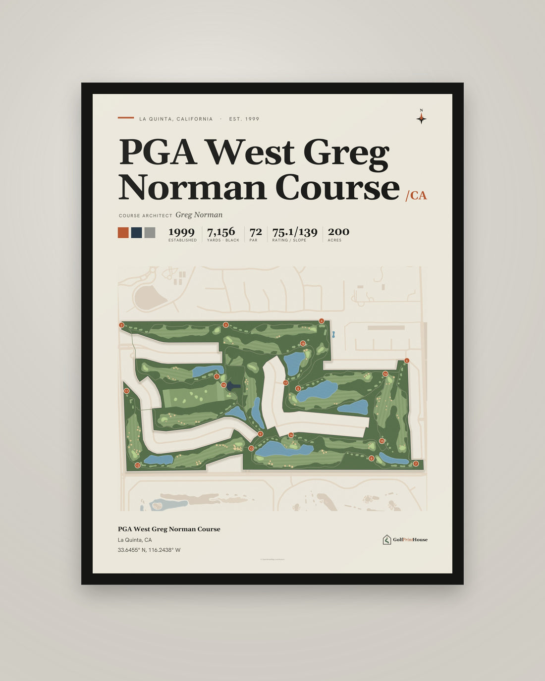 PGA West Greg Norman Course golf course print, framed, on a plain wall