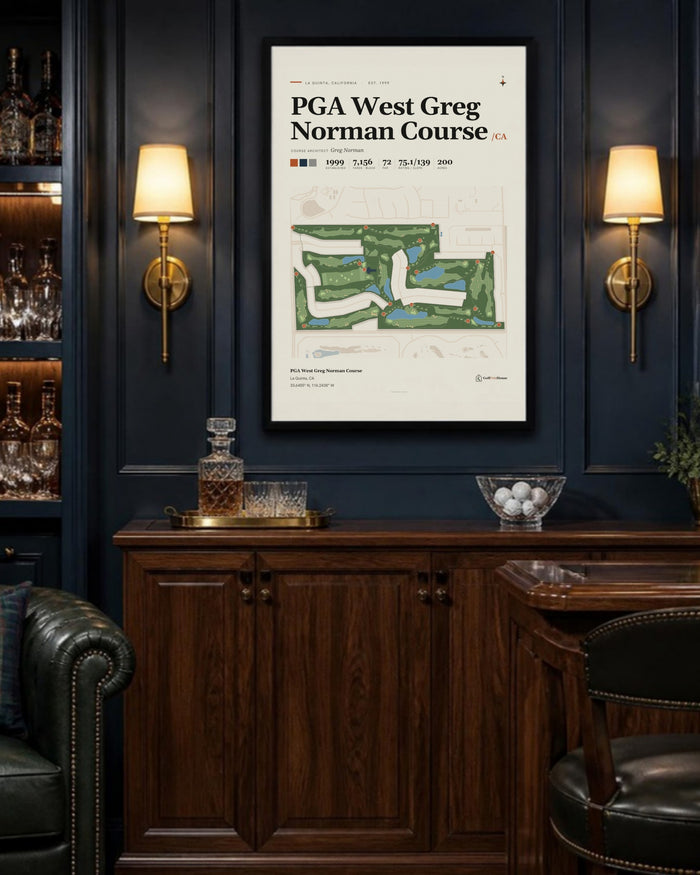PGA West Greg Norman Course golf course print, above a home bar