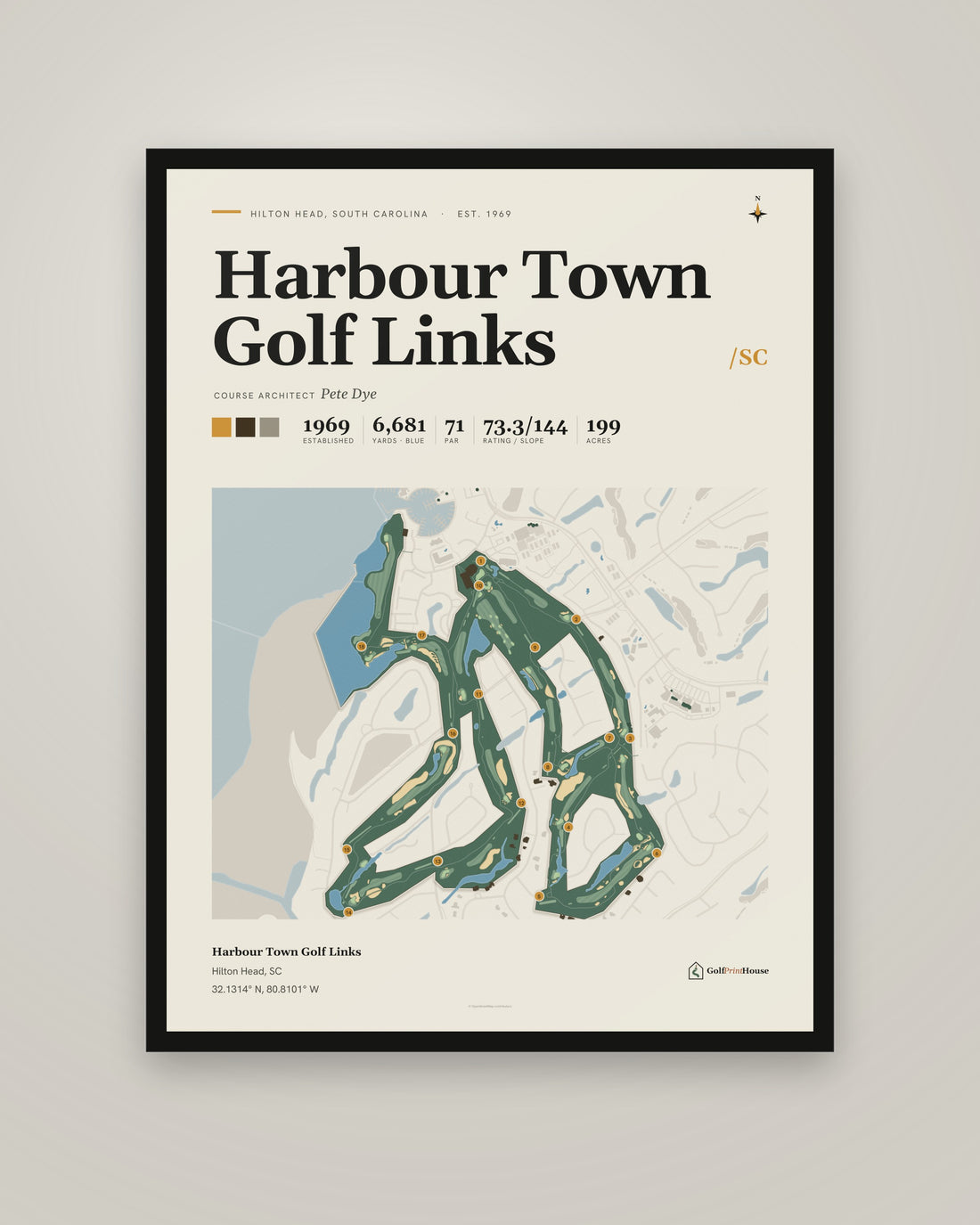 Harbour Town Golf Links golf course print, framed, on a plain wall