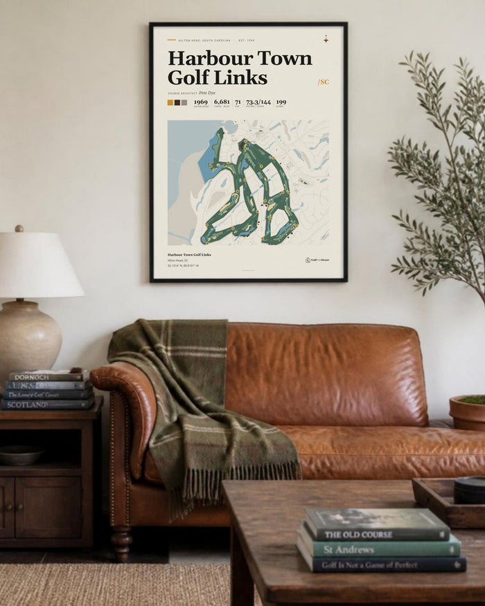 Harbour Town Golf Links golf course print, above a living room sofa