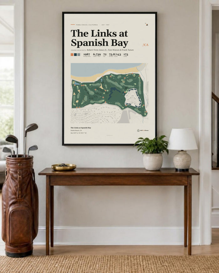 The Links at Spanish Bay golf course print, in an entryway