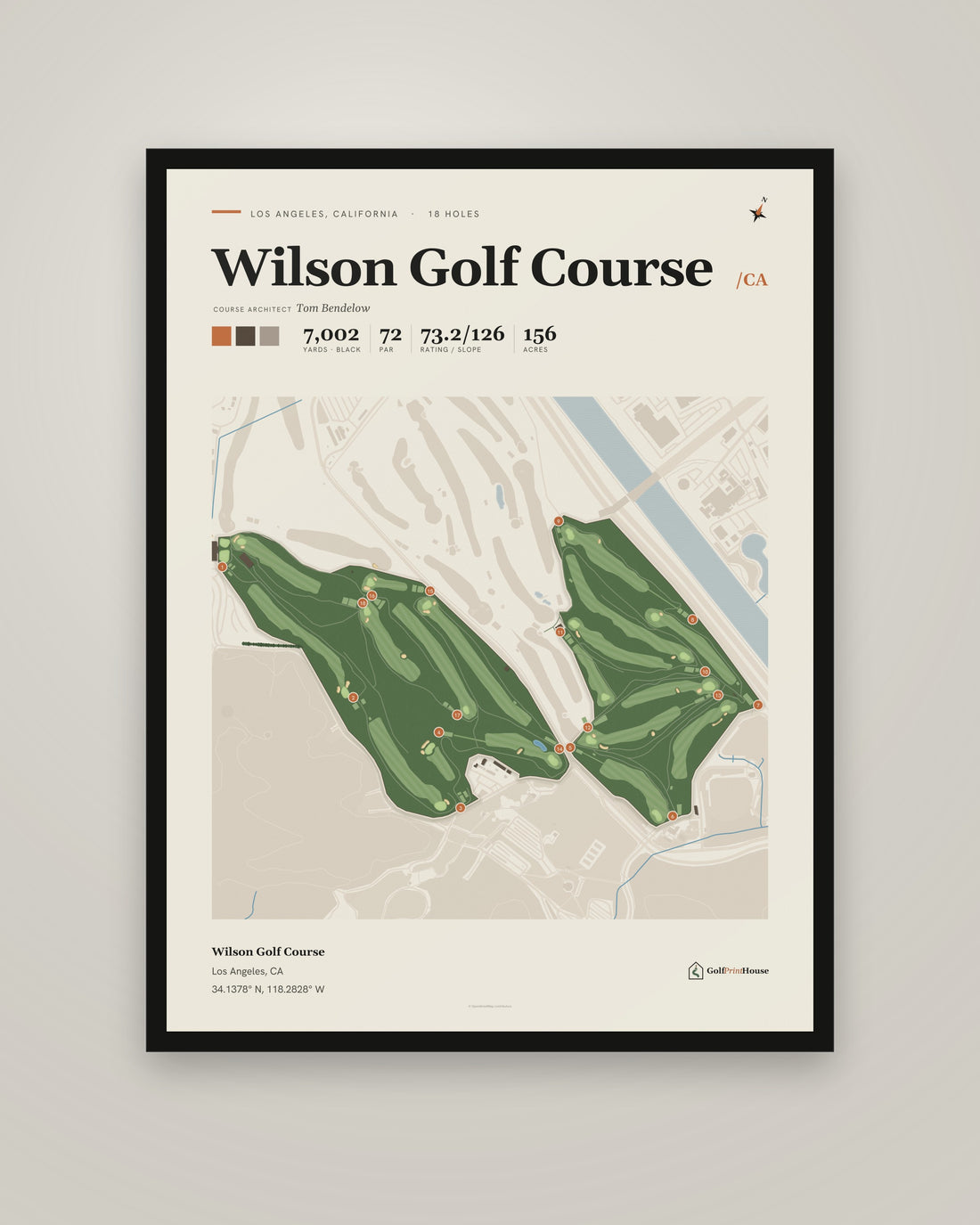 Wilson Golf Course golf course print, framed, on a plain wall