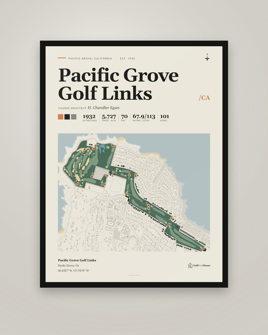 Pacific Grove Golf Links golf course print, framed, on a plain wall