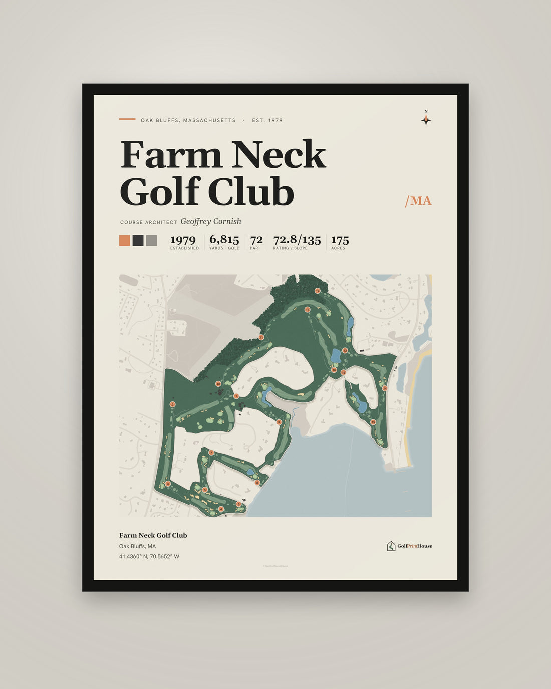 Farm Neck Golf Club golf course print, framed, on a plain wall