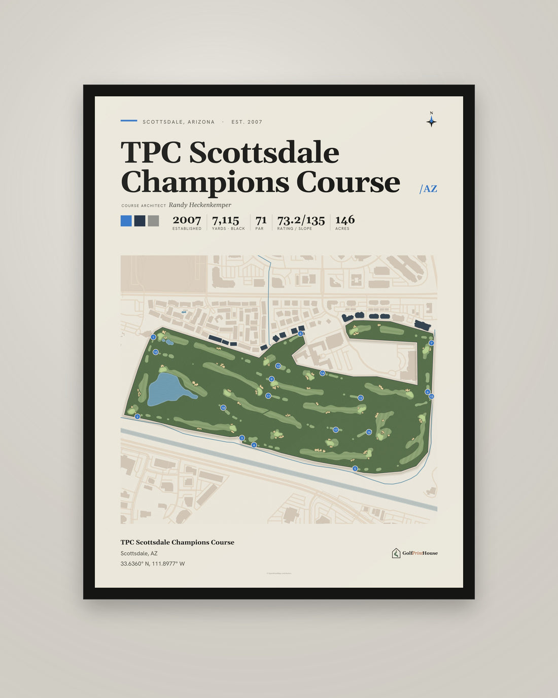 TPC Scottsdale Champions Course golf course print, framed, on a plain wall