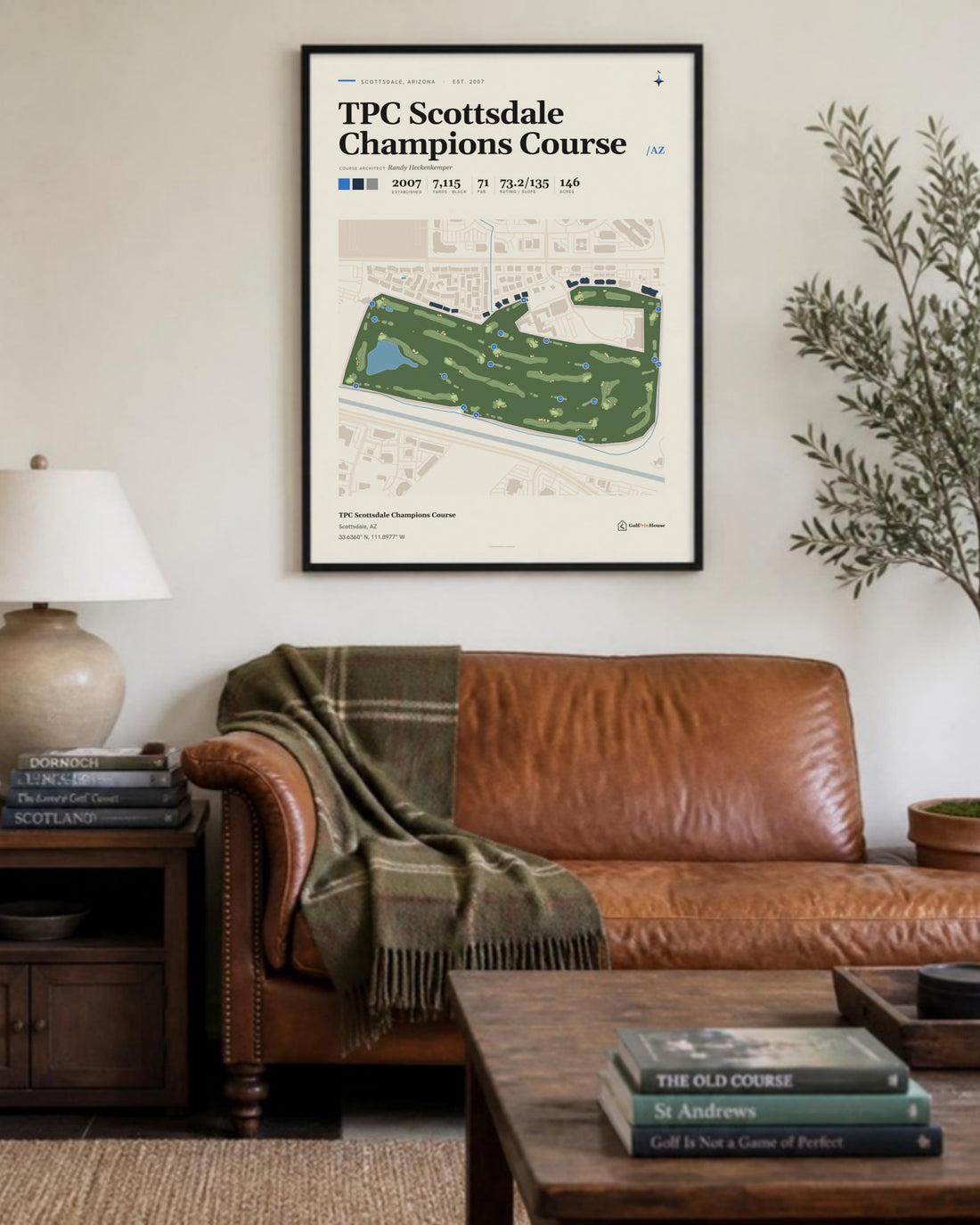 TPC Scottsdale Champions Course golf course print, above a living room sofa