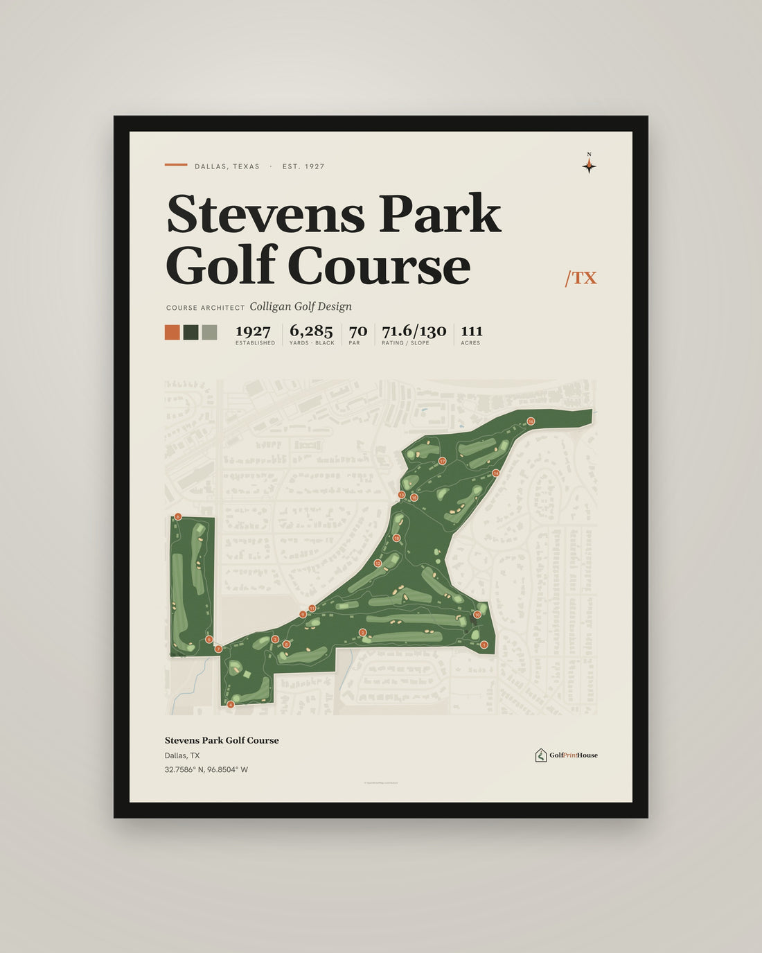 Stevens Park Golf Course golf course print, framed, on a plain wall