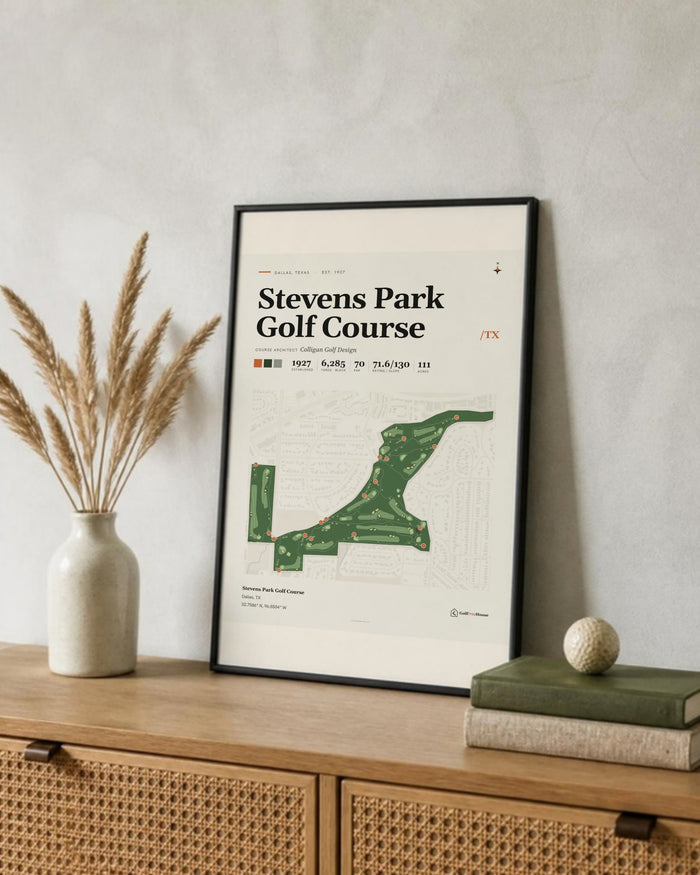 Stevens Park Golf Course golf course print, leaning on a shelf