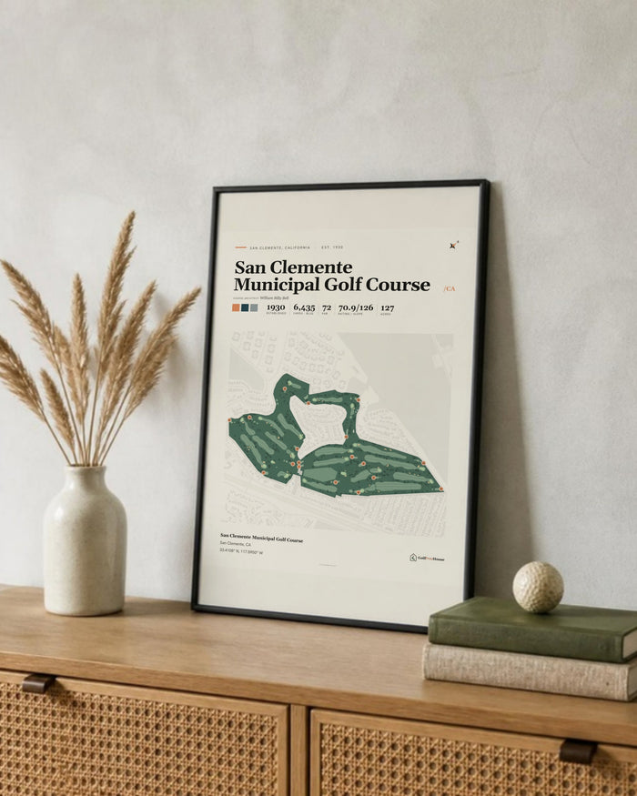 San Clemente Municipal Golf Course golf course print, leaning on a shelf