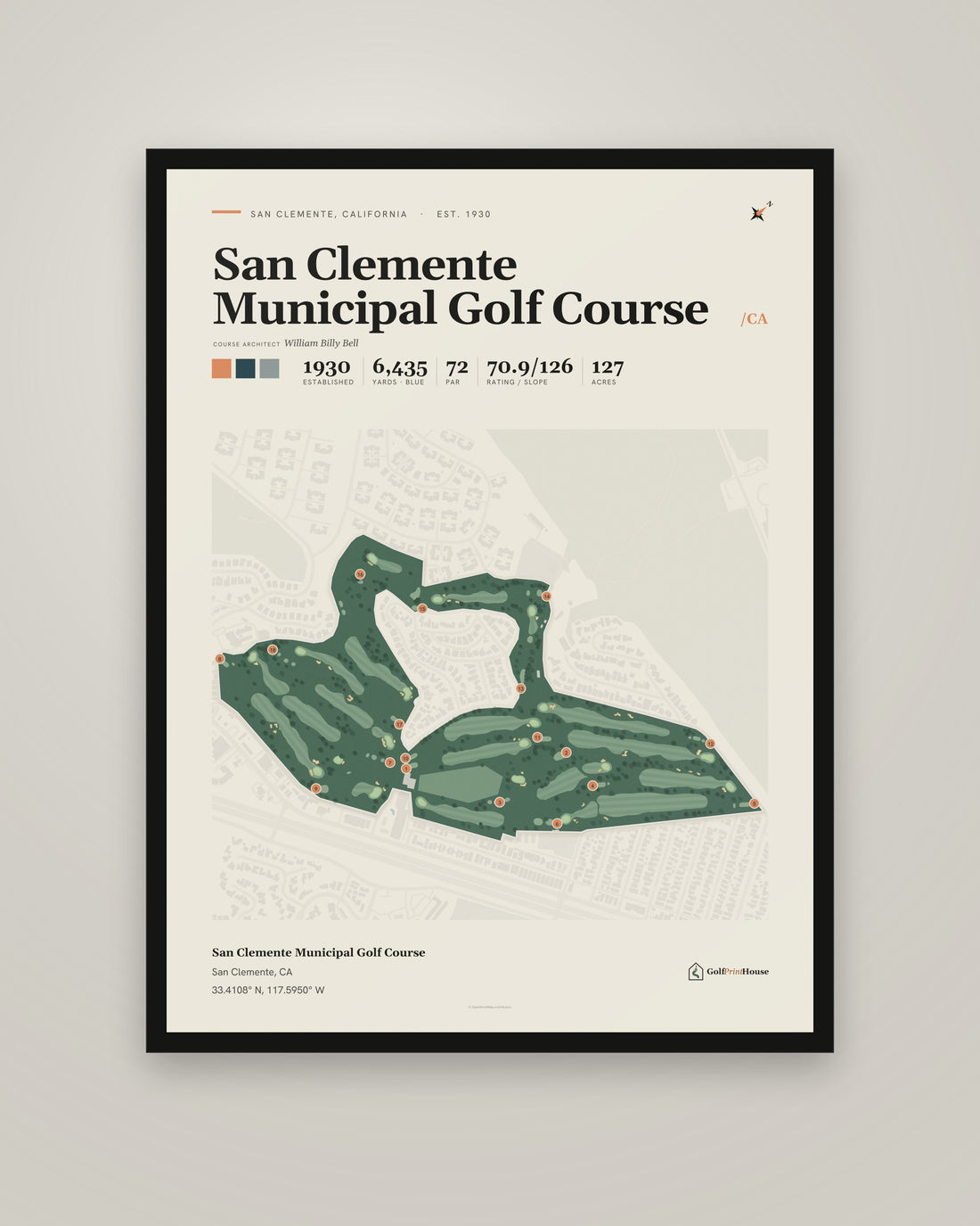San Clemente Municipal Golf Course golf course print, framed, on a plain wall