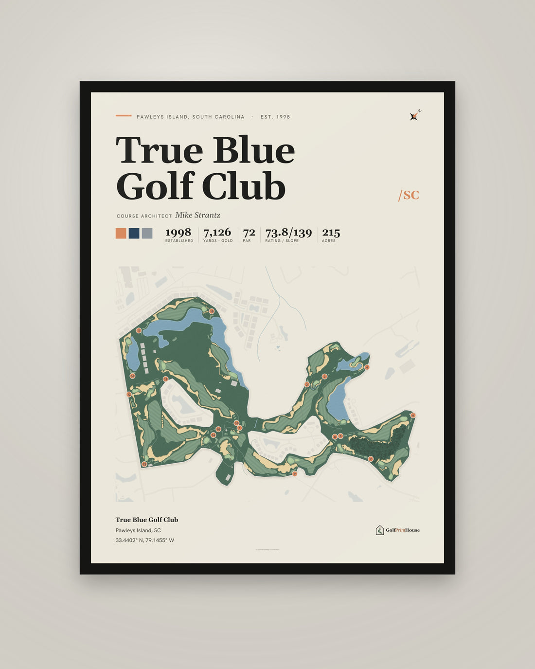True Blue Golf Club golf course print, framed, on a plain wall