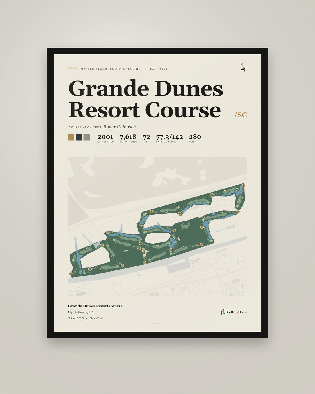 Grande Dunes Resort Course golf course print, framed, on a plain wall