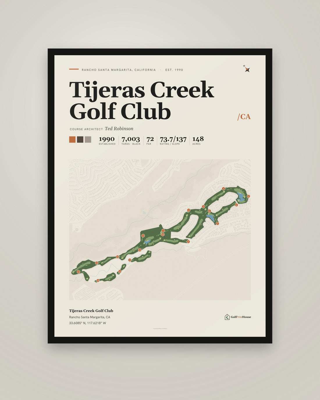 Tijeras Creek Golf Club golf course print, framed, on a plain wall