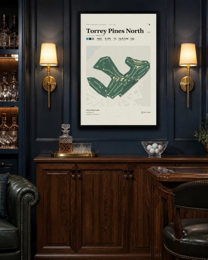 Torrey Pines North golf course print, above a home bar