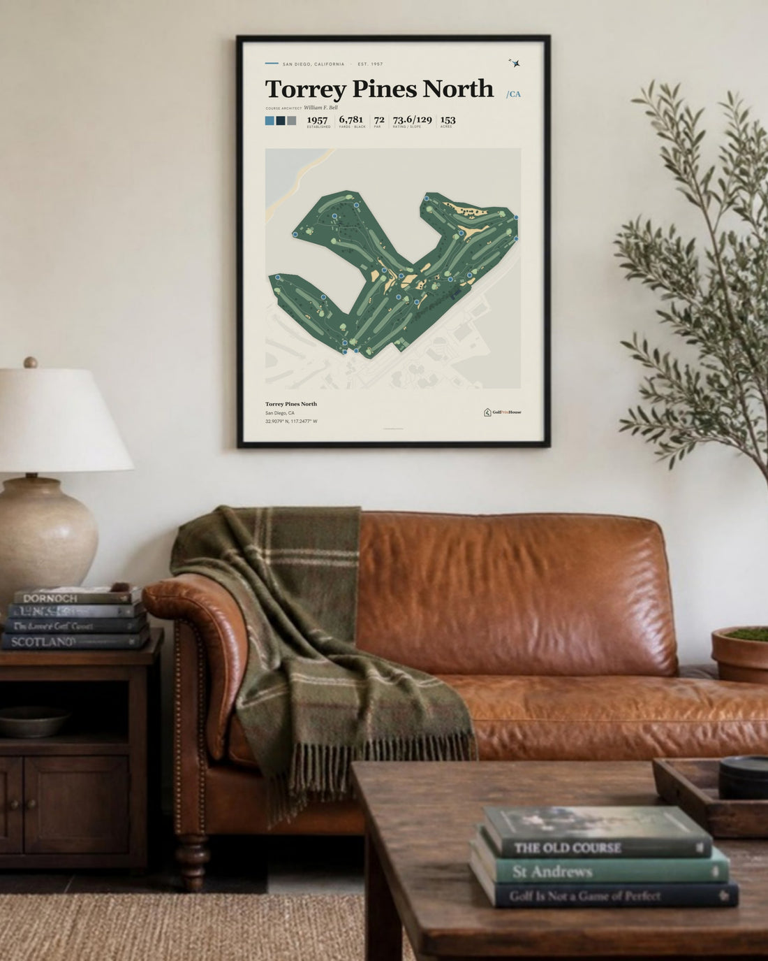 Torrey Pines North golf course print, above a living room sofa