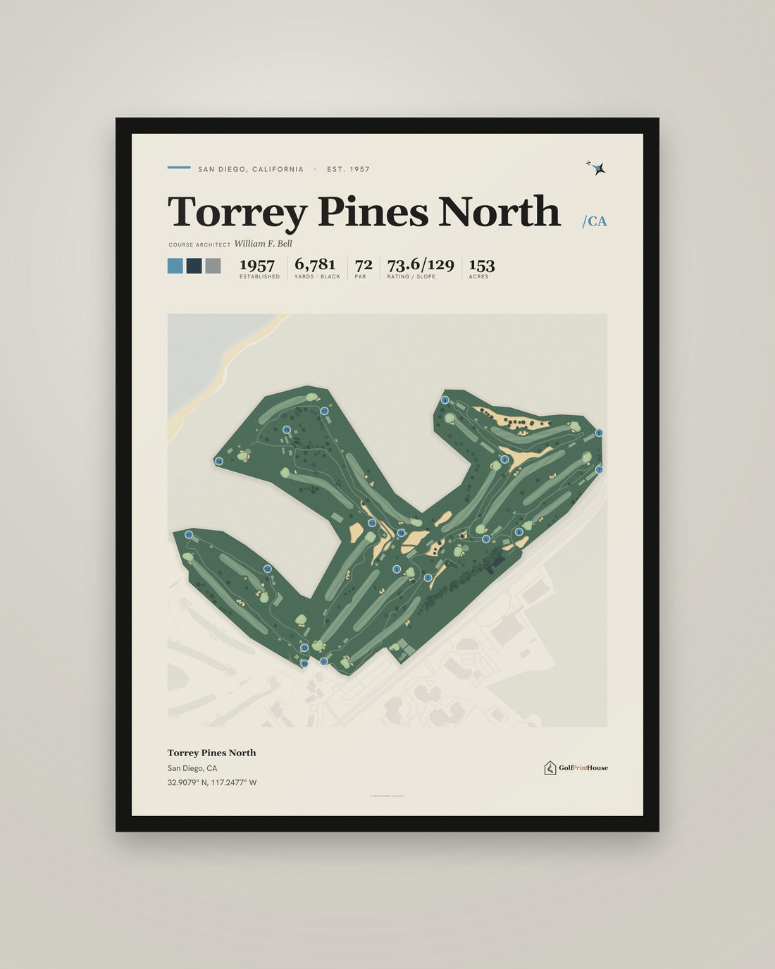 Torrey Pines North golf course print, framed, on a plain wall