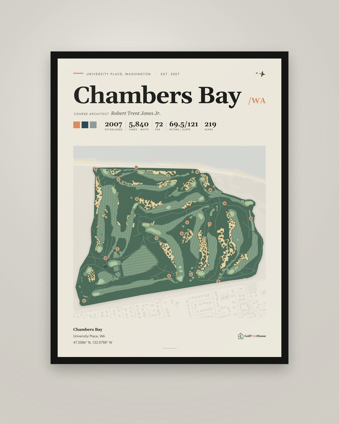 Chambers Bay golf course print, framed, on a plain wall