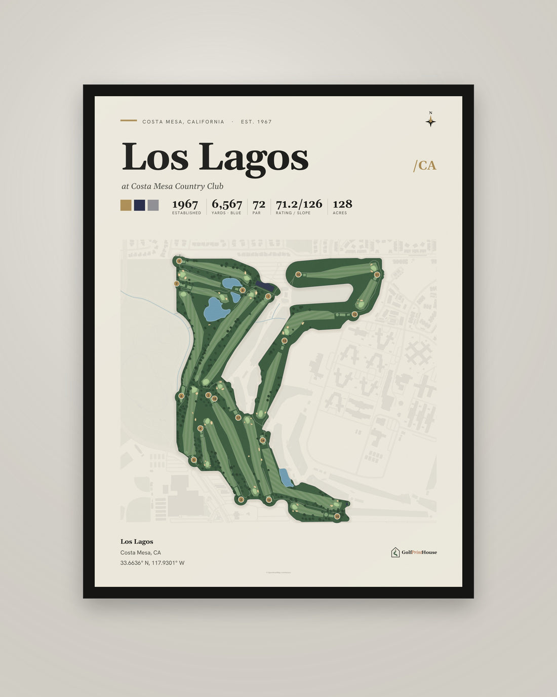 Los Lagos golf course print, framed, on a plain wall