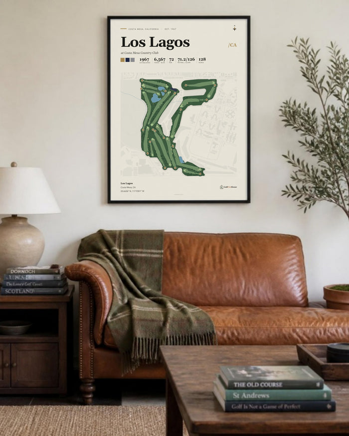 Los Lagos golf course print, above a living room sofa