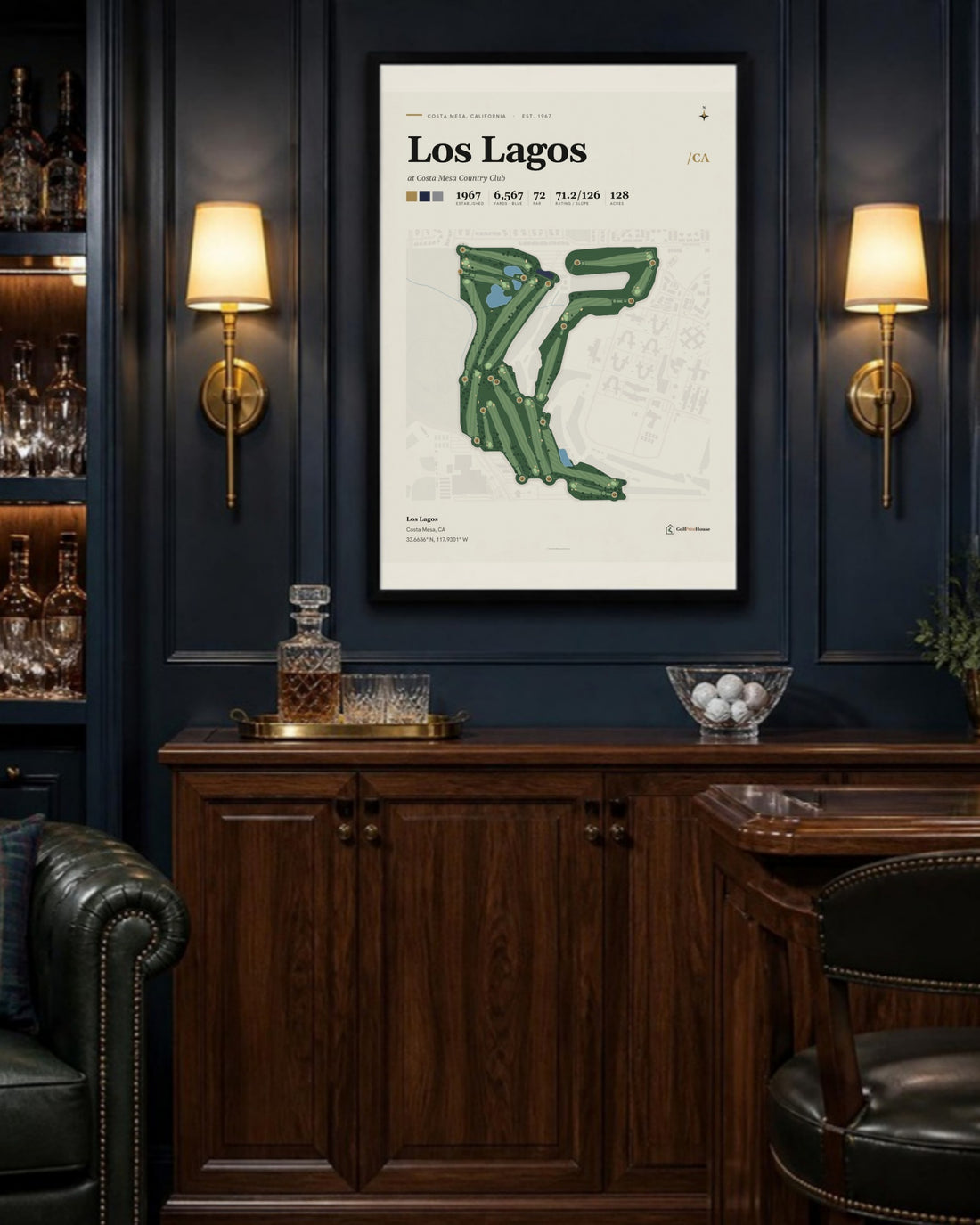Los Lagos golf course print, above a home bar