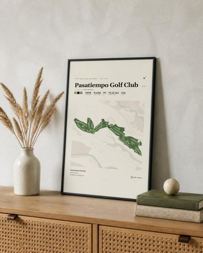 Pasatiempo Golf Club golf course print, leaning on a shelf