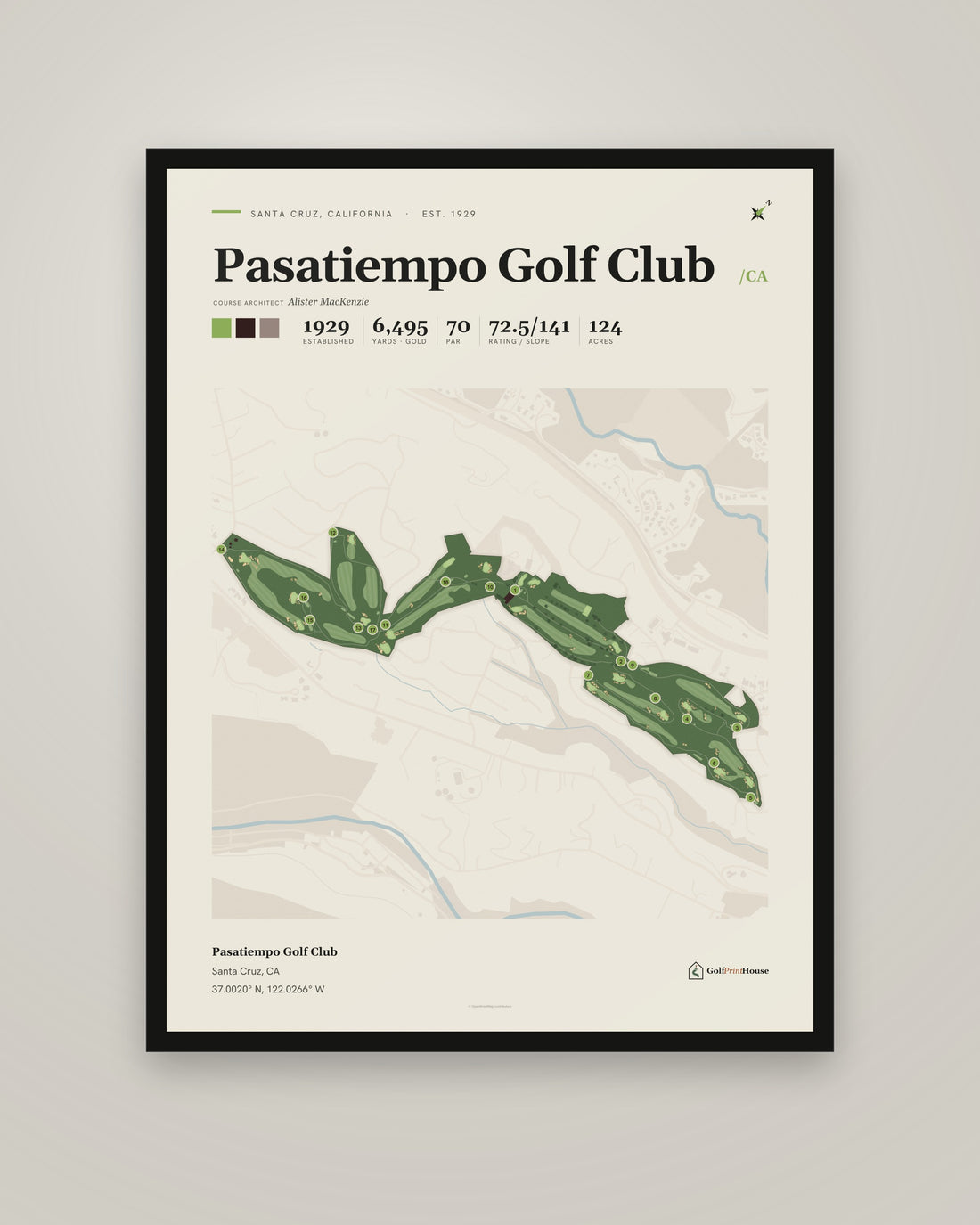 Pasatiempo Golf Club golf course print, framed, on a plain wall