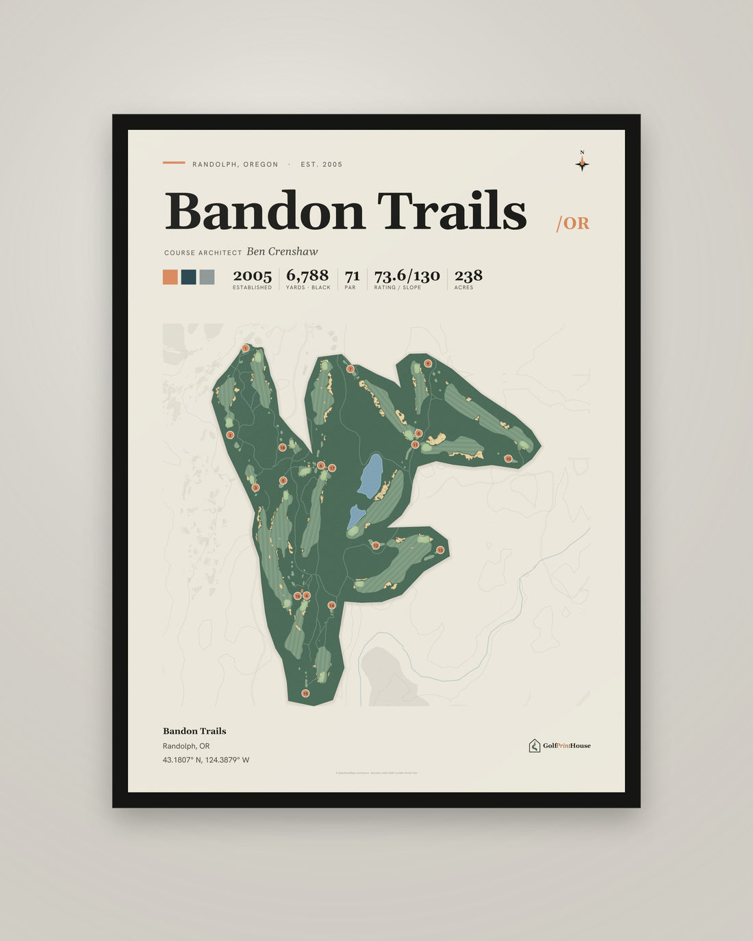 Bandon Trails golf course print, framed, on a plain wall