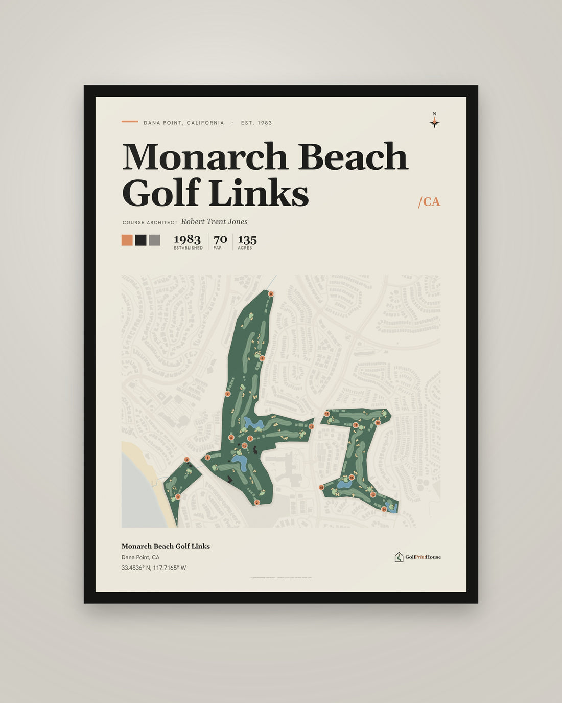 Monarch Beach Golf Links golf course print, framed, on a plain wall