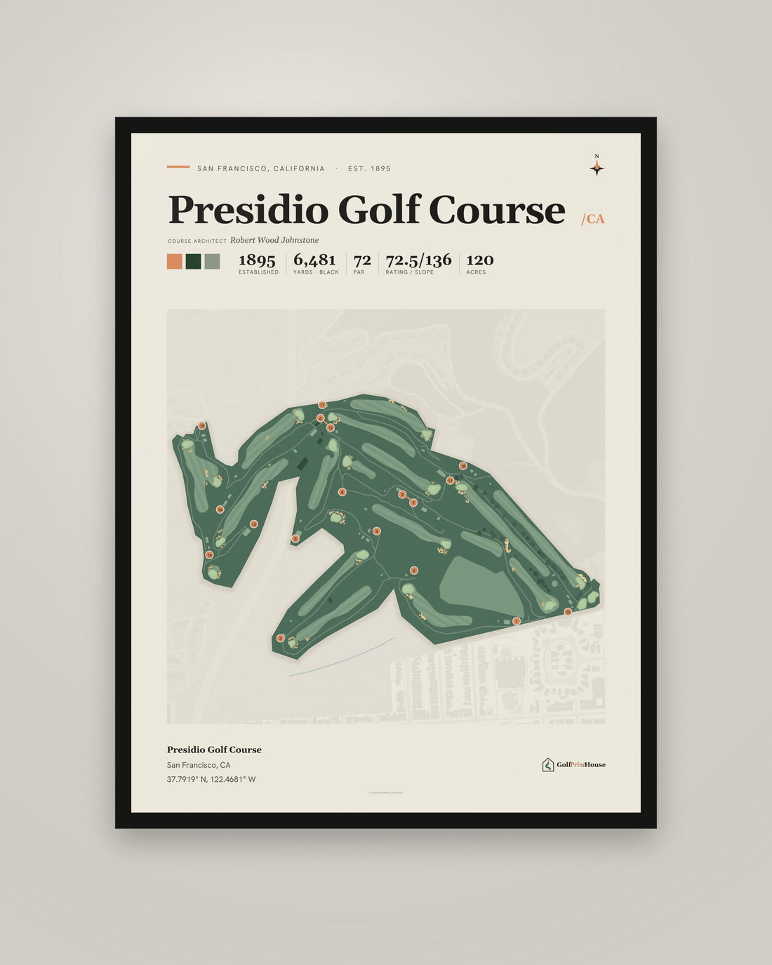 Presidio Golf Course golf course print, framed, on a plain wall