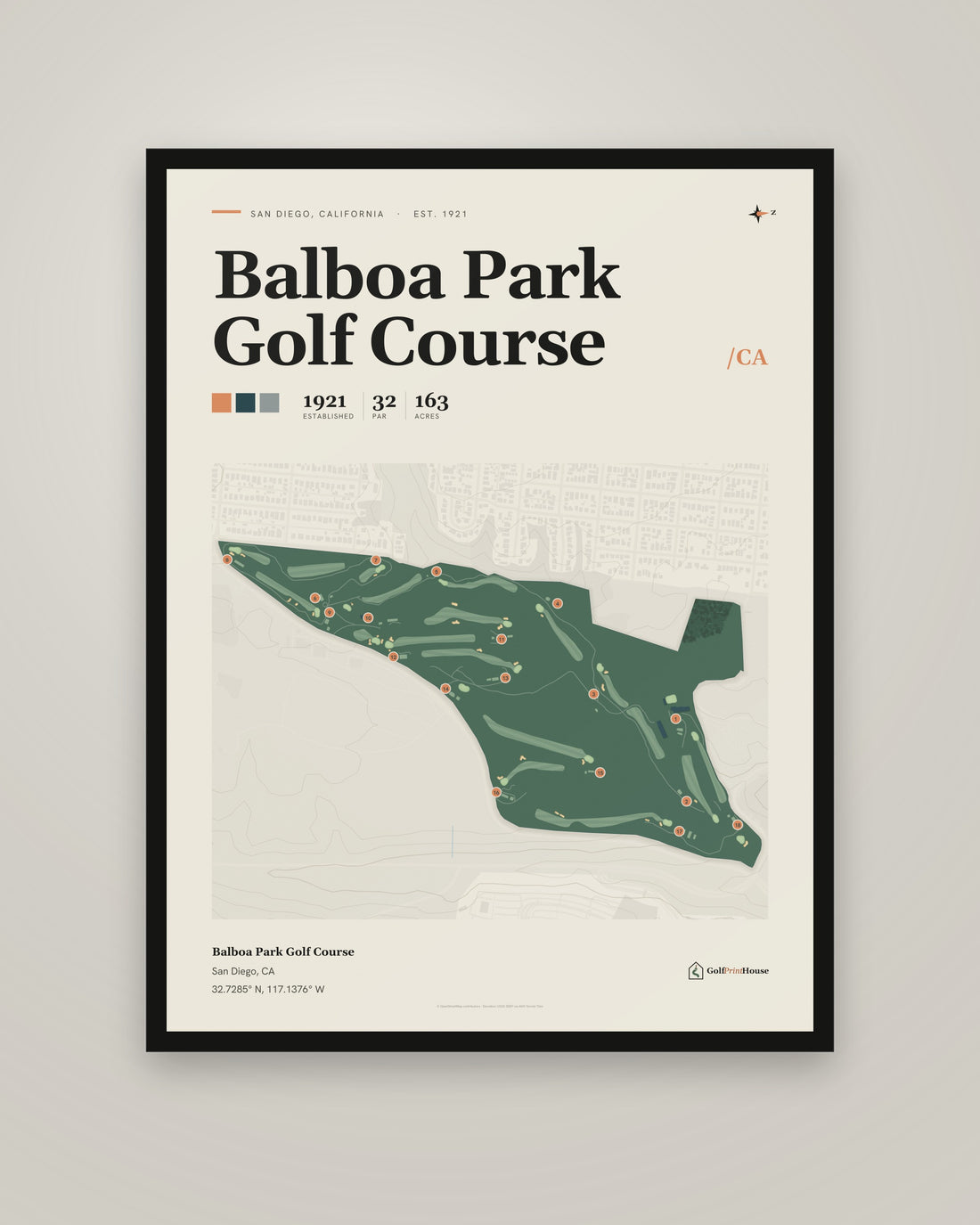 Balboa Park Golf Course golf course print, framed, on a plain wall