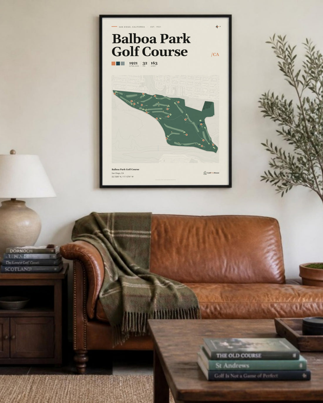 Balboa Park Golf Course golf course print, above a living room sofa