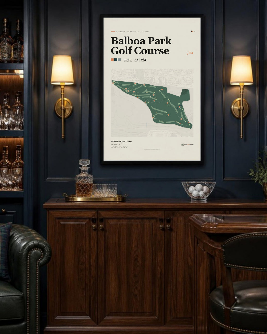 Balboa Park Golf Course golf course print, above a home bar