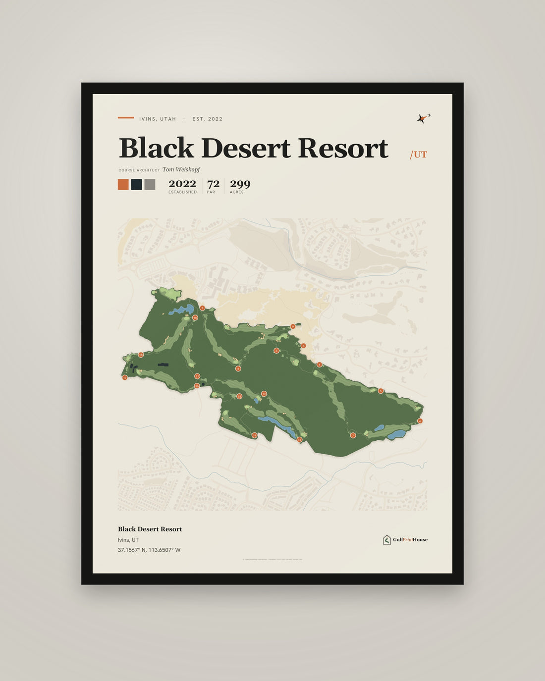 Black Desert Resort golf course print, framed, on a plain wall