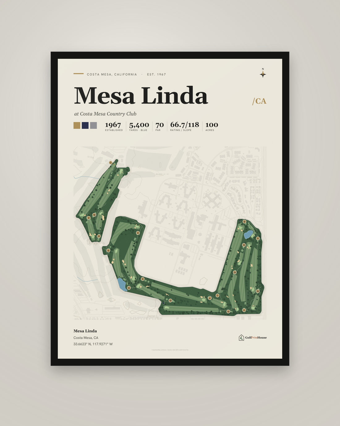 Mesa Linda golf course print, framed, on a plain wall