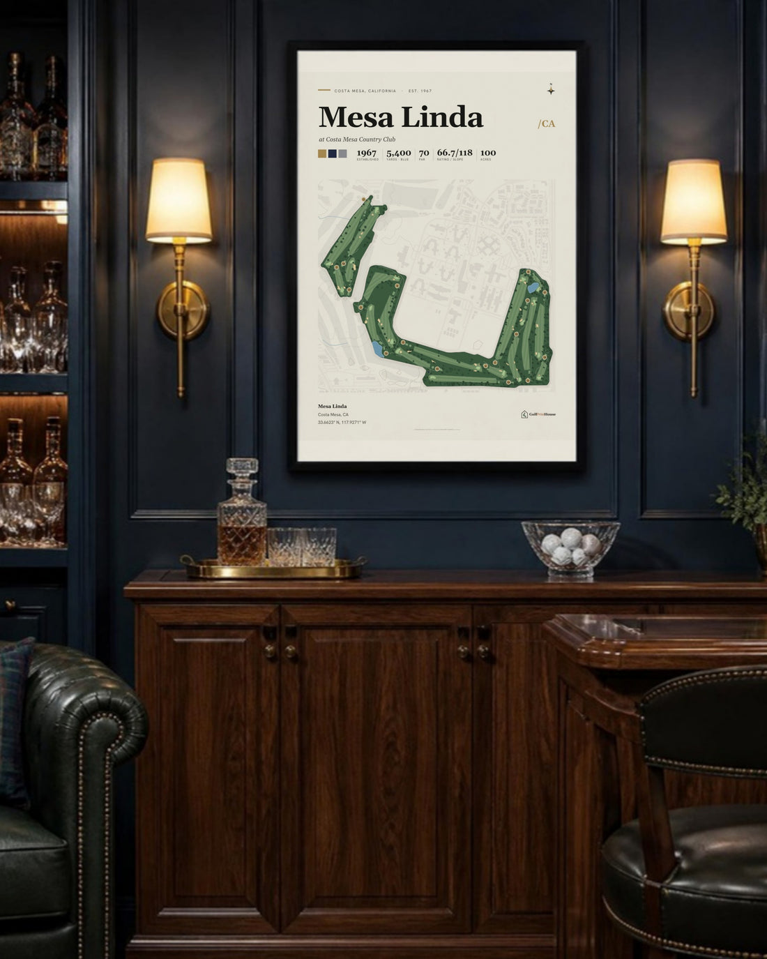 Mesa Linda golf course print, above a home bar