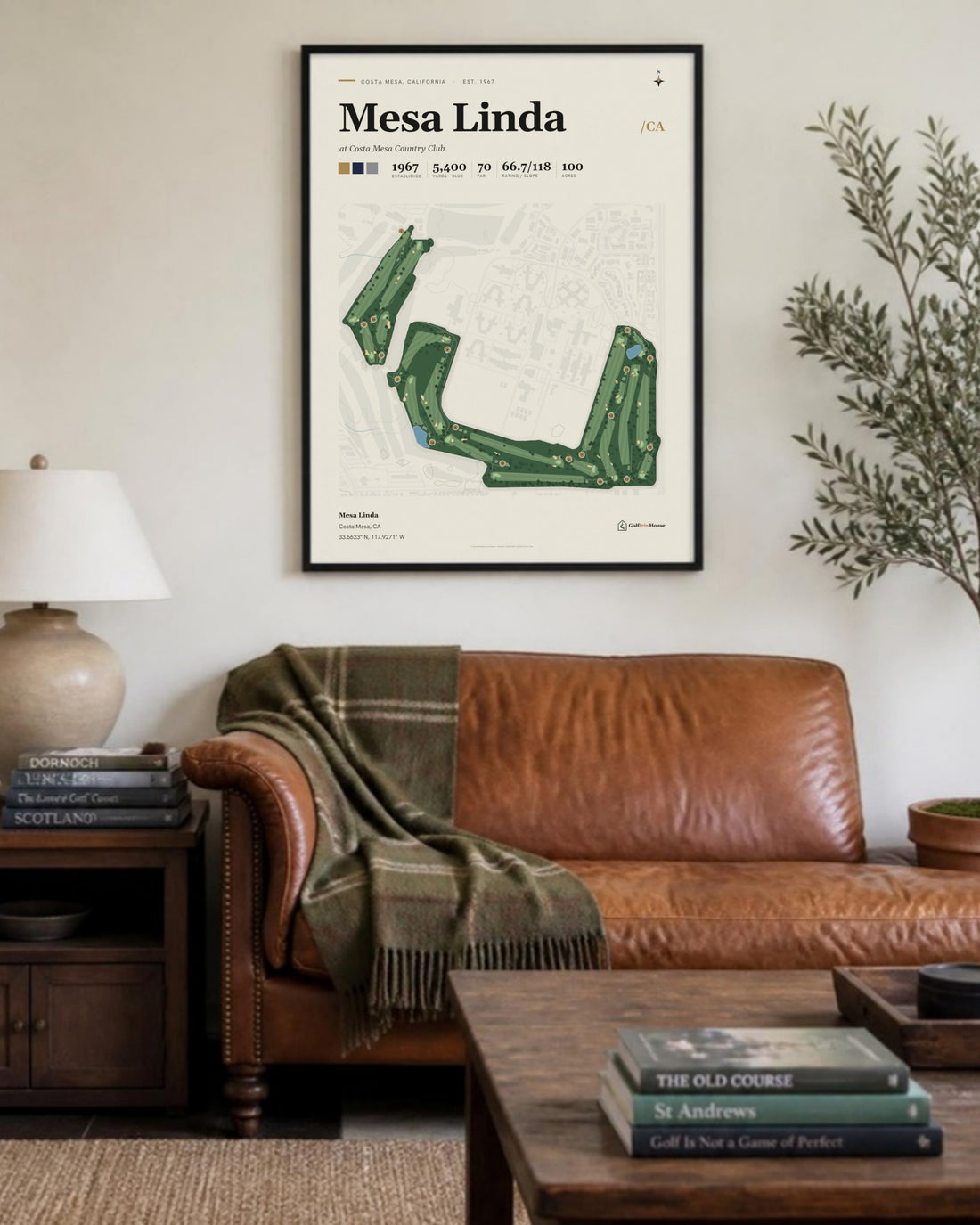 Mesa Linda golf course print, above a living room sofa