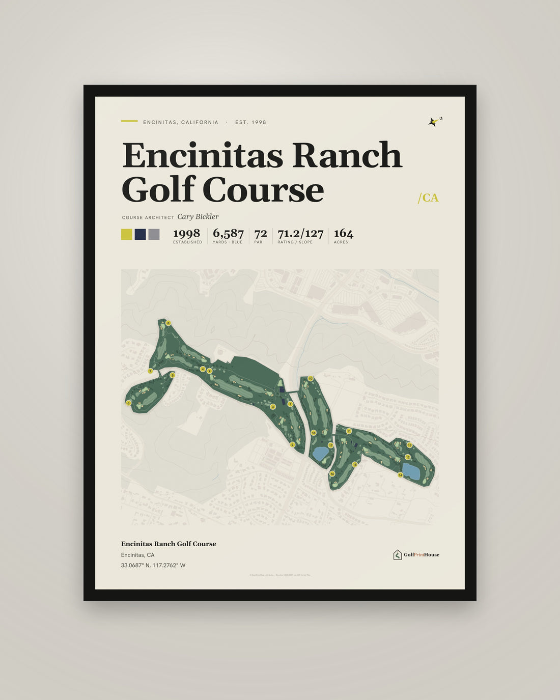 Encinitas Ranch Golf Course golf course print, framed, on a plain wall