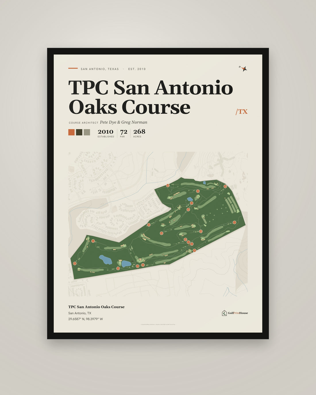 TPC San Antonio Oaks Course golf course print, framed, on a plain wall