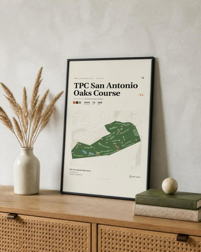 TPC San Antonio Oaks Course golf course print, leaning on a shelf