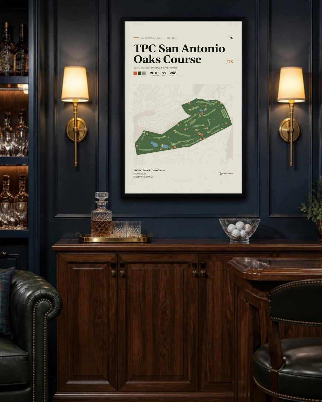 TPC San Antonio Oaks Course golf course print, above a home bar