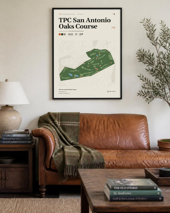TPC San Antonio Oaks Course golf course print, above a living room sofa