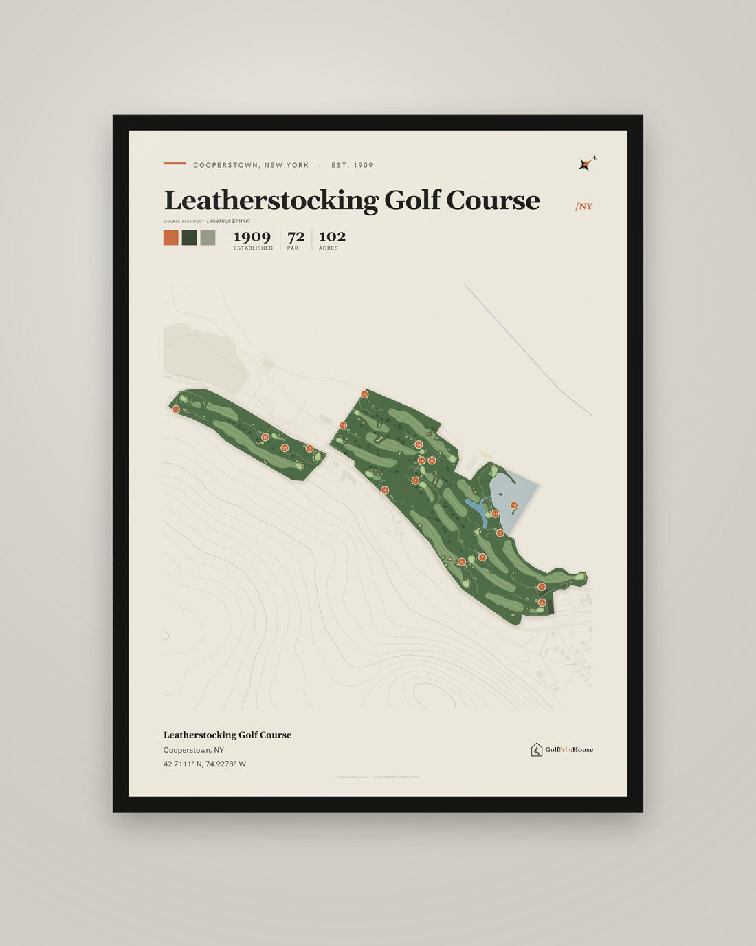 Leatherstocking Golf Course golf course print, framed, on a plain wall
